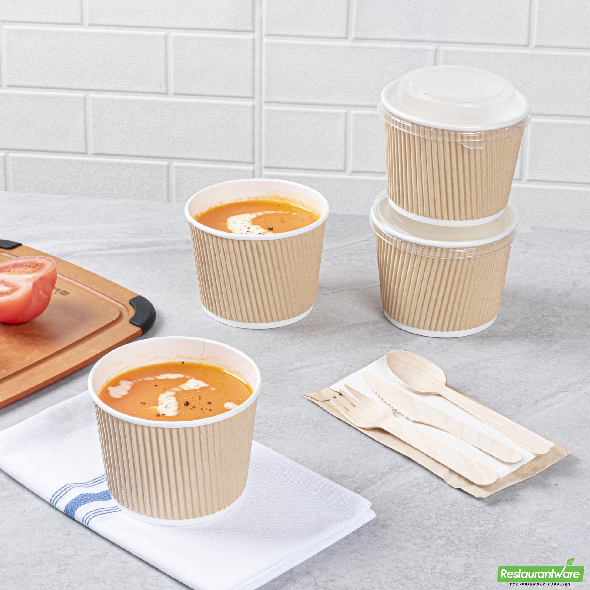 Wholesale Restaurantware Bio Tek 18 Oz Round Kraft PE Lined Paper Soup Container - Ripple Wall - 3 1/2 X 3 1/2 X 3 1/4 - 200 Count Box- Bulk