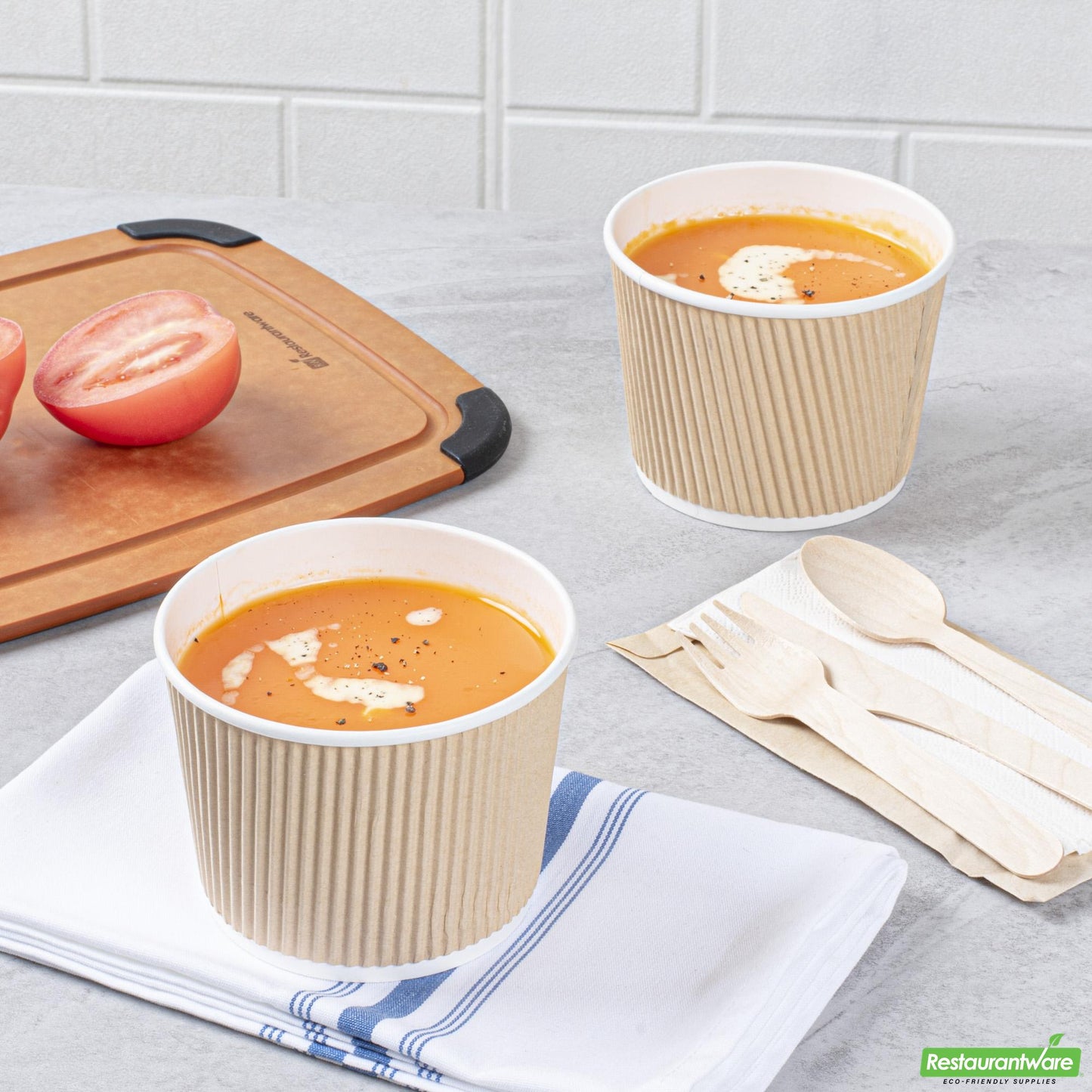 Wholesale Restaurantware Bio Tek 18 Oz Round Kraft PE Lined Paper Soup Container - Ripple Wall - 3 1/2 X 3 1/2 X 3 1/4 - 200 Count Box- Bulk
