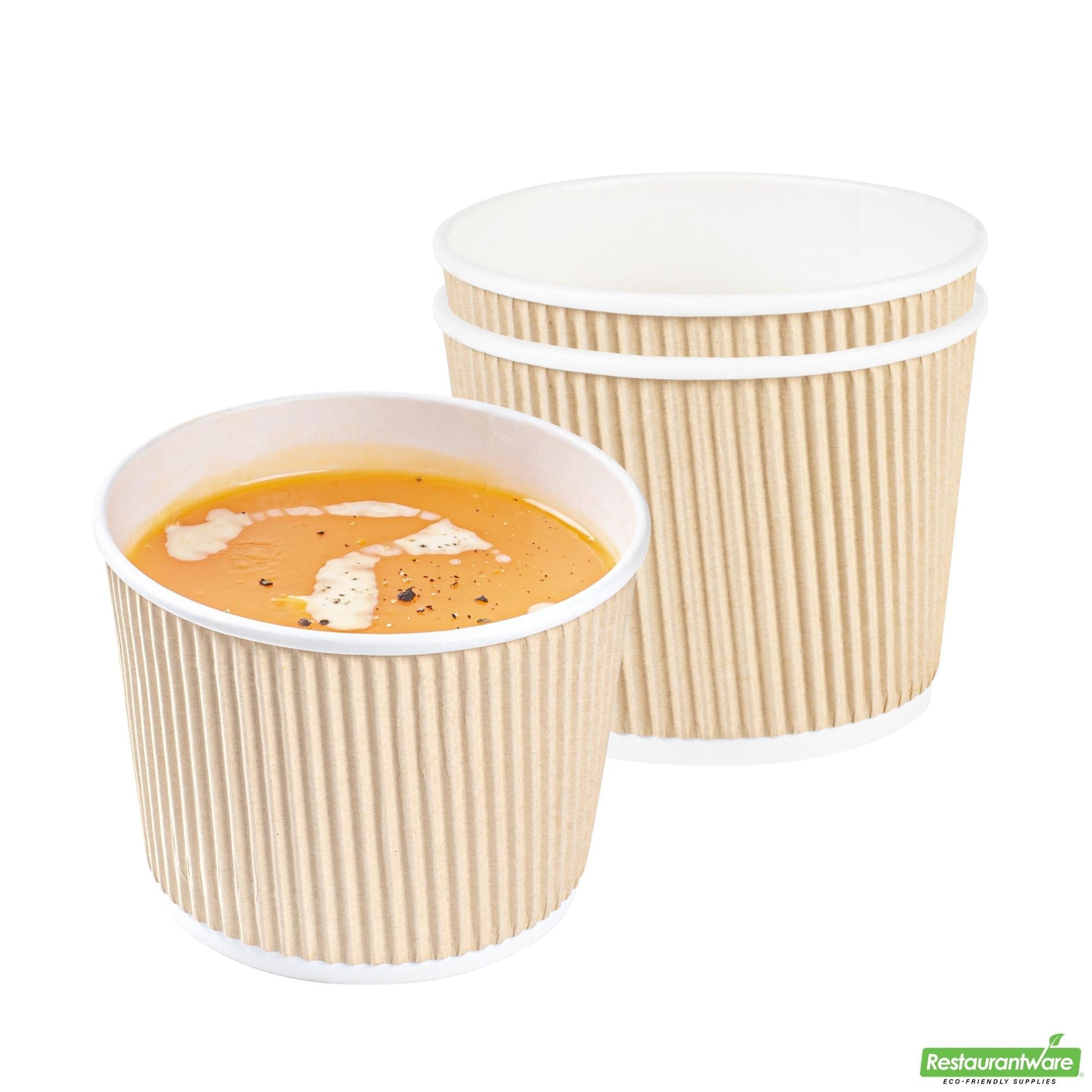 Wholesale Restaurantware Bio Tek 18 Oz Round Kraft PE Lined Paper Soup Container - Ripple Wall - 3 1/2 X 3 1/2 X 3 1/4 - 200 Count Box- Bulk
