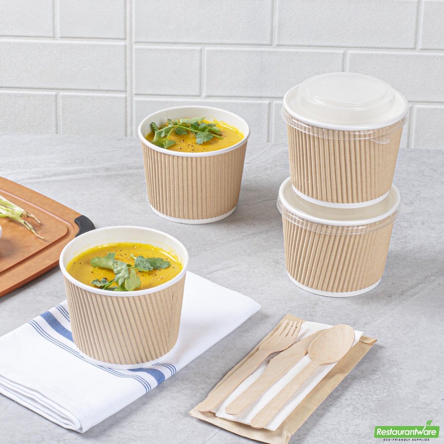 Wholesale Restaurantware Bio Tek 18 Oz Round Kraft PE Lined Paper Soup Container - Ripple Wall - 3 1/2 X 3 1/2 X 3 1/4 - 25 Count Box- Bulk