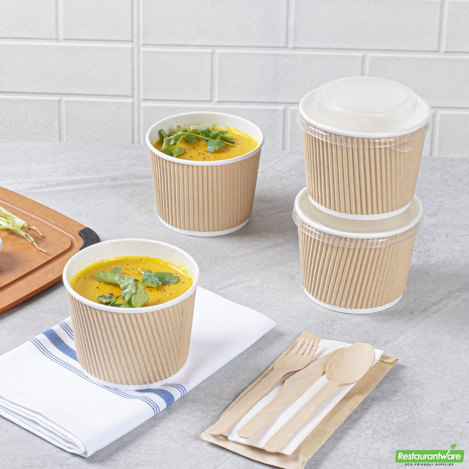Wholesale Restaurantware Bio Tek 18 Oz Round Kraft PE Lined Paper Soup Container - Ripple Wall - 3 1/2 X 3 1/2 X 3 1/4 - 25 Count Box- Bulk