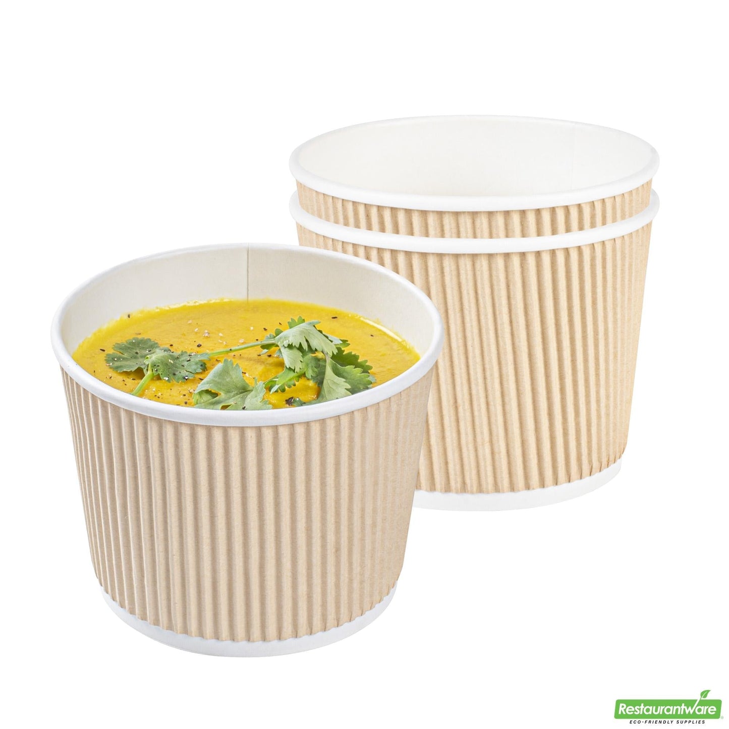 Wholesale Restaurantware Bio Tek 18 Oz Round Kraft PE Lined Paper Soup Container - Ripple Wall - 3 1/2 X 3 1/2 X 3 1/4 - 25 Count Box- Bulk