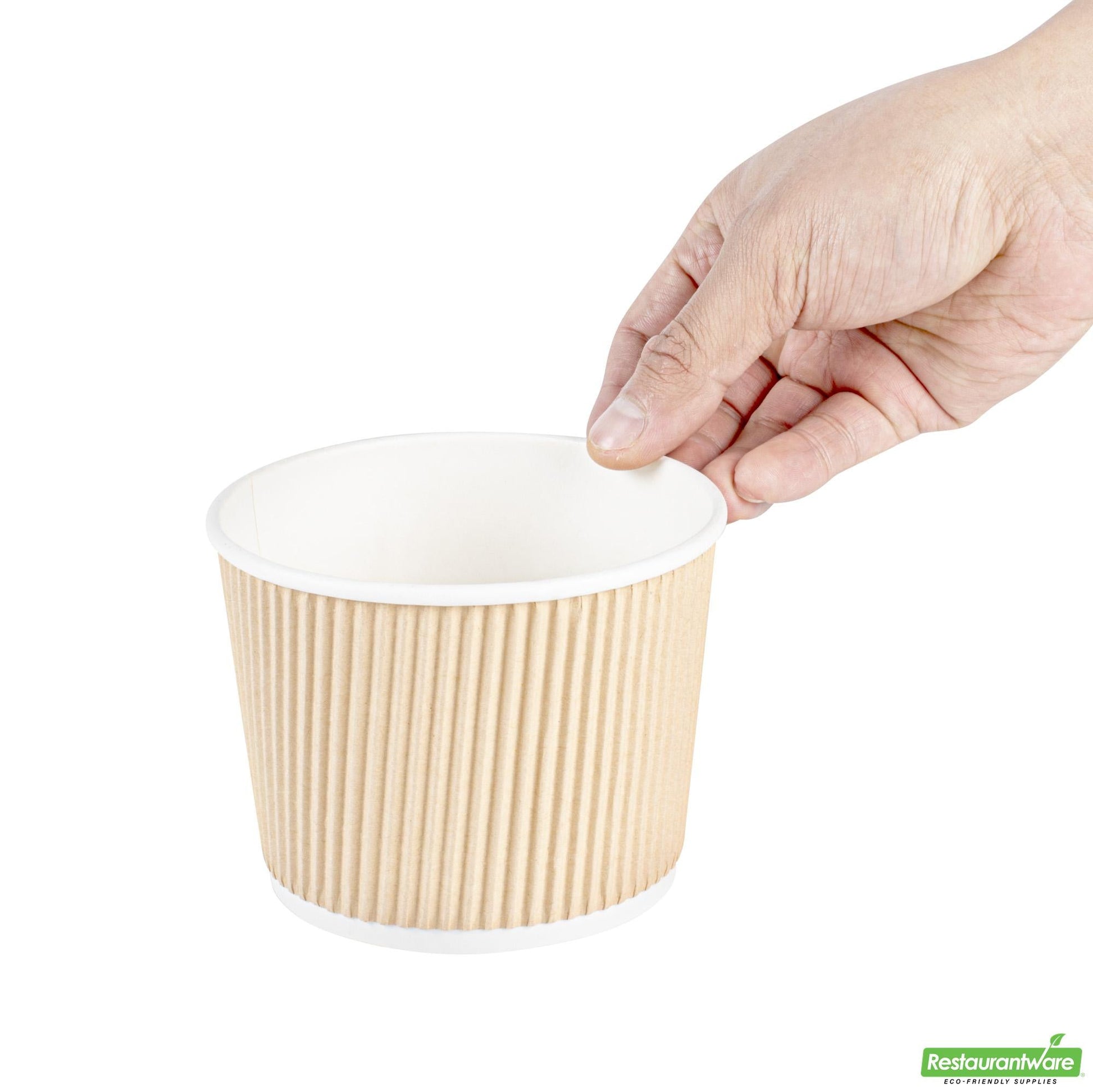 Wholesale Restaurantware Bio Tek 18 Oz Round Kraft PE Lined Paper Soup Container - Ripple Wall - 3 1/2 X 3 1/2 X 3 1/4 - 25 Count Box- Bulk