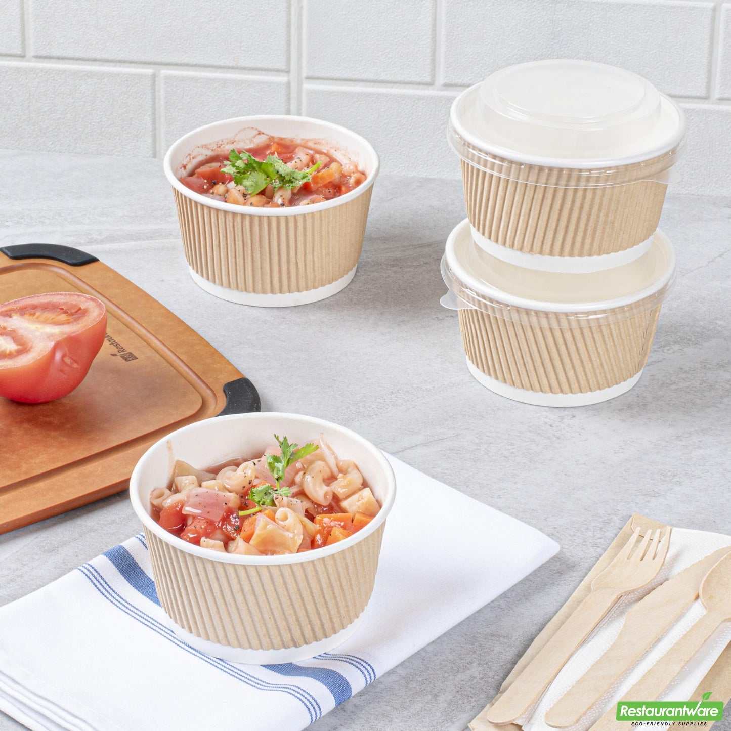 Wholesale Restaurantware Bio Tek 12 Oz Round Kraft PE Lined Paper Soup Container - Ripple Wall - 3 1/2 X 3 1/2 X 2 1/4 - 200 Count Box- Bulk