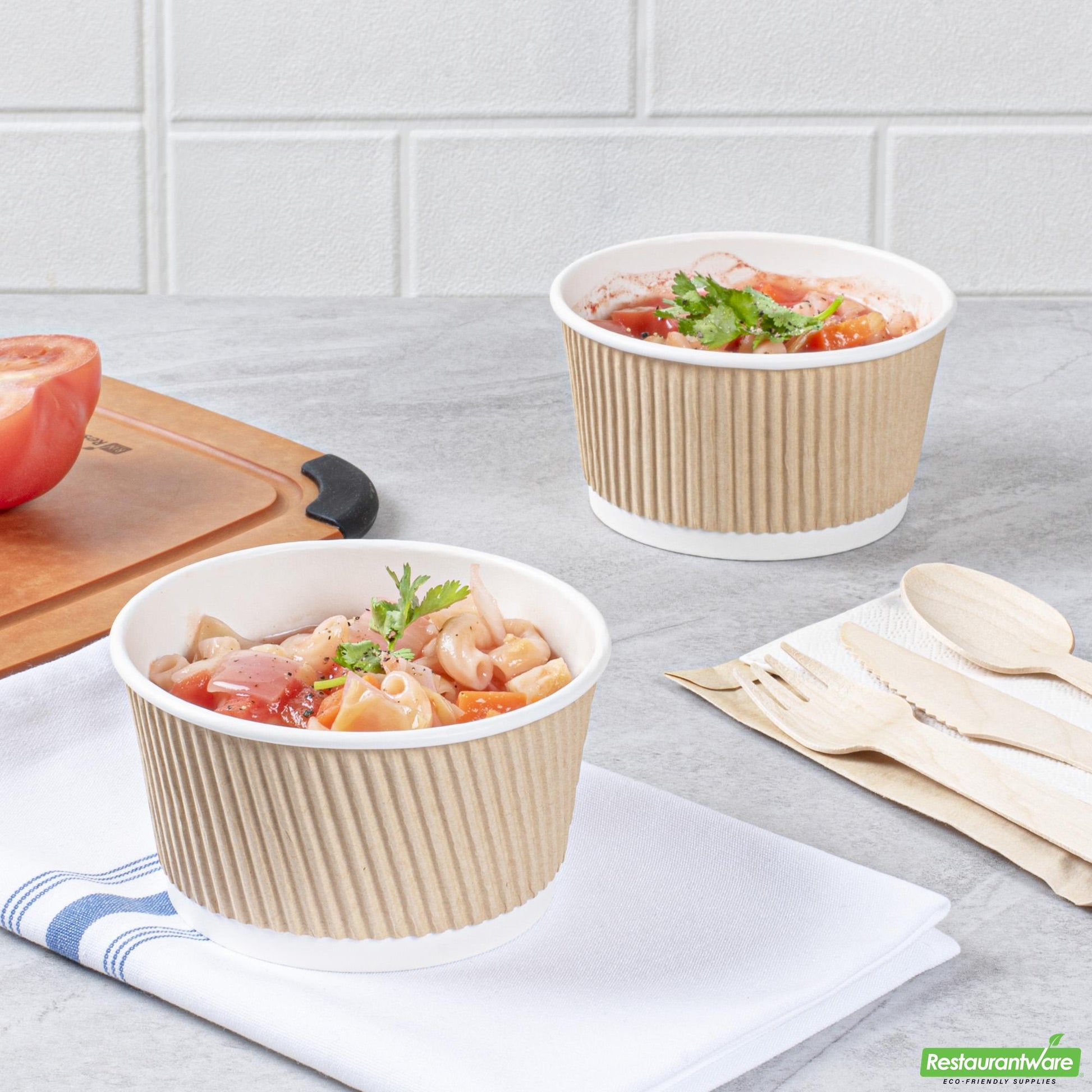 Wholesale Restaurantware Bio Tek 12 Oz Round Kraft PE Lined Paper Soup Container - Ripple Wall - 3 1/2 X 3 1/2 X 2 1/4 - 200 Count Box- Bulk