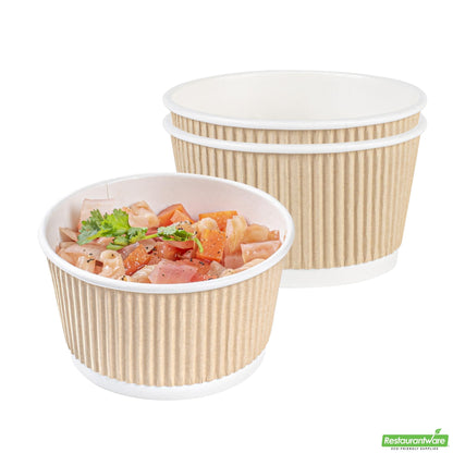 Wholesale Restaurantware Bio Tek 12 Oz Round Kraft PE Lined Paper Soup Container - Ripple Wall - 3 1/2 X 3 1/2 X 2 1/4 - 200 Count Box- Bulk