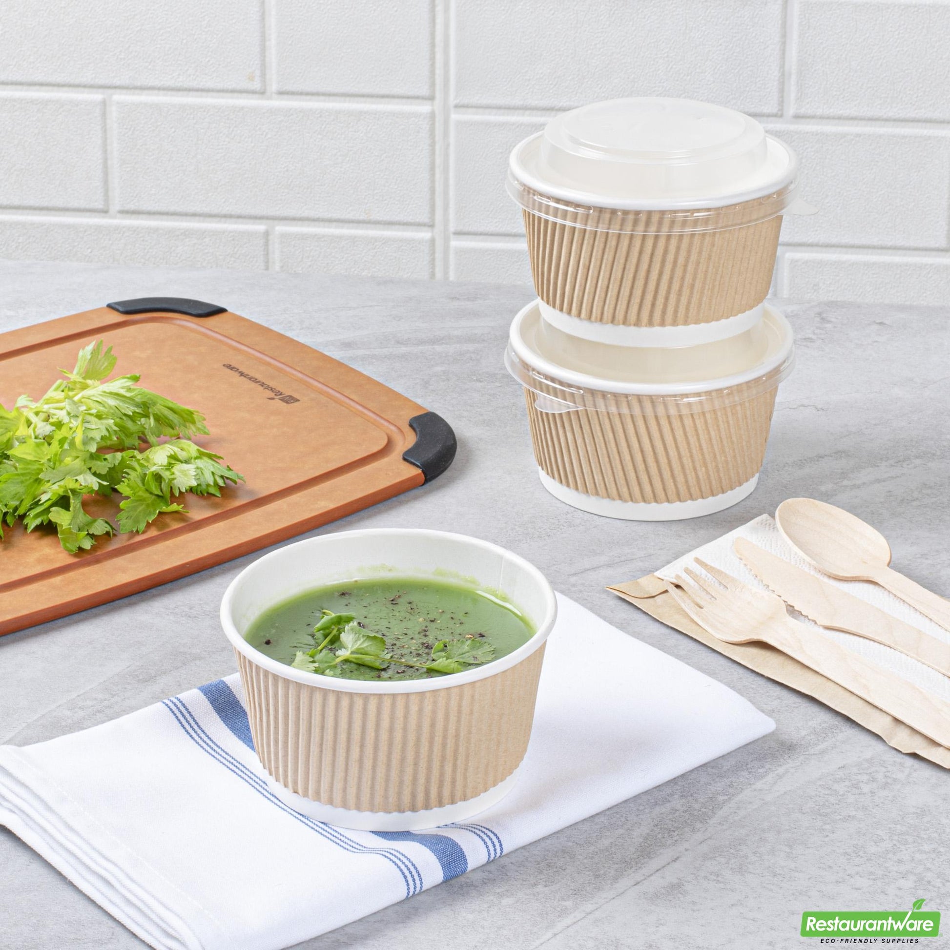 Wholesale Restaurantware Bio Tek 12 Oz Round Kraft PE Lined Paper Soup Container - Ripple Wall - 3 1/2 X 3 1/2 X 2 1/4 - 25 Count Box- Bulk