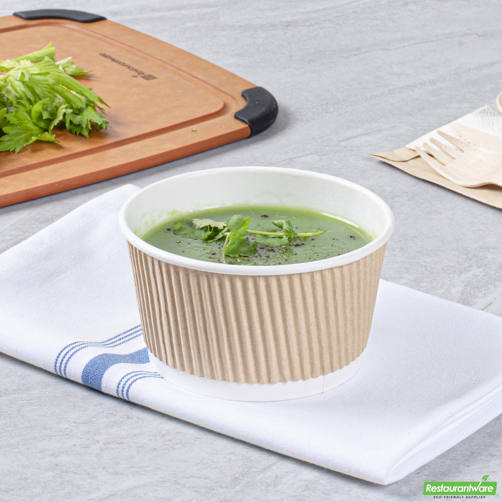 Wholesale Restaurantware Bio Tek 12 Oz Round Kraft PE Lined Paper Soup Container - Ripple Wall - 3 1/2 X 3 1/2 X 2 1/4 - 25 Count Box- Bulk