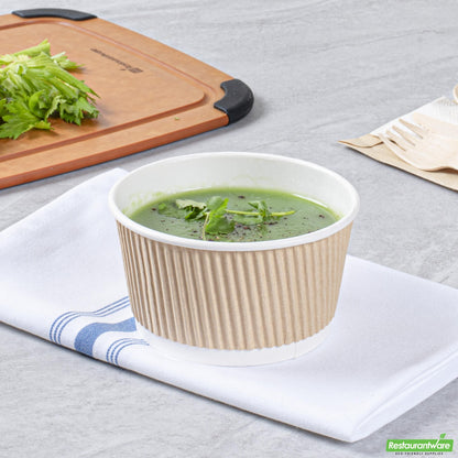 Wholesale Restaurantware Bio Tek 12 Oz Round Kraft PE Lined Paper Soup Container - Ripple Wall - 3 1/2 X 3 1/2 X 2 1/4 - 25 Count Box- Bulk