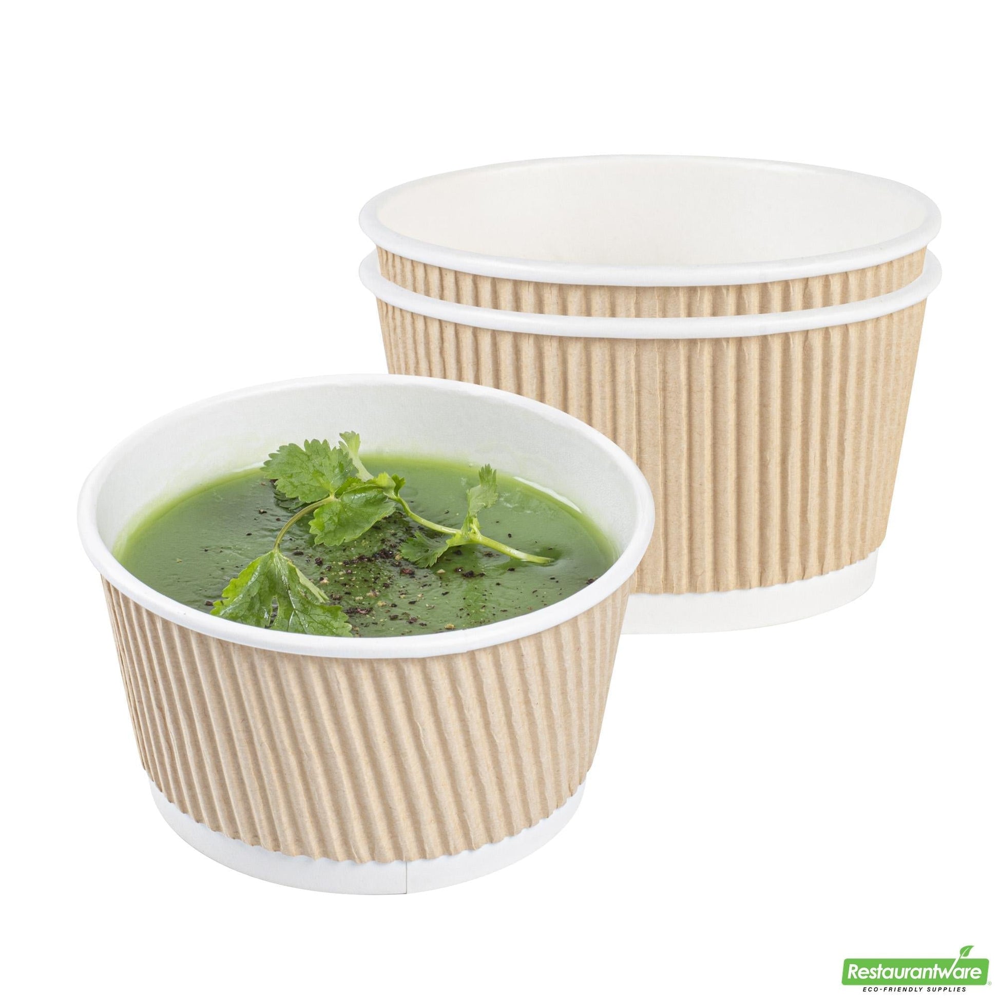 Wholesale Restaurantware Bio Tek 12 Oz Round Kraft PE Lined Paper Soup Container - Ripple Wall - 3 1/2 X 3 1/2 X 2 1/4 - 25 Count Box- Bulk