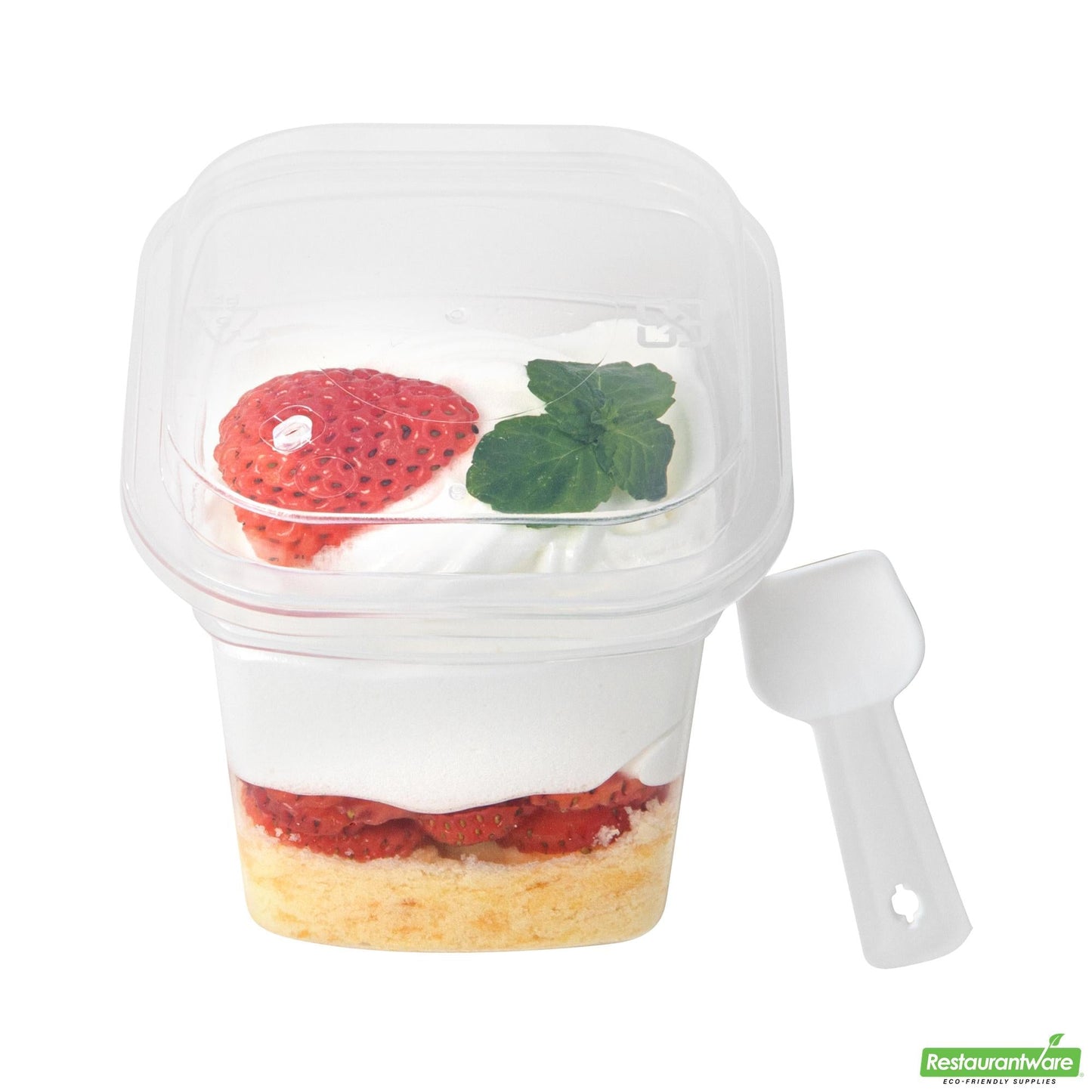 Wholesale Restaurantware Mini Serve 7 Oz Square Clear Plastic Dessert Cup - with Lid and Spoon - 3 1/4'' X 3 1/4'' X 3 1/2'' - 100 Count Box- Bulk