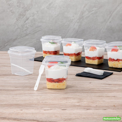 Wholesale Restaurantware Mini Serve 7 Oz Square Clear Plastic Dessert Cup - with Lid and Spoon - 3 1/4'' X 3 1/4'' X 3 1/2'' - 25 Count Box- Bulk
