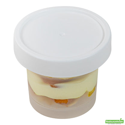 Wholesale Restaurantware Mini Serve 8 Oz Round Clear Plastic Dessert Cup - with Lid - 3 1/2'' X 3 1/2'' X 3'' - 100 Count Box- Bulk