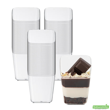 Wholesale Restaurantware Mini Serve 2 Oz Square Clear Plastic Dessert Cup - with Lid, Slanted - 2 1/4'' X 2 1/4'' X 3'' - 100 Count Box- Bulk