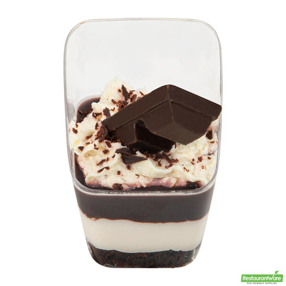 Wholesale Restaurantware Mini Serve 2 Oz Square Clear Plastic Dessert Cup - with Lid, Slanted - 2 1/4'' X 2 1/4'' X 3'' - 100 Count Box- Bulk