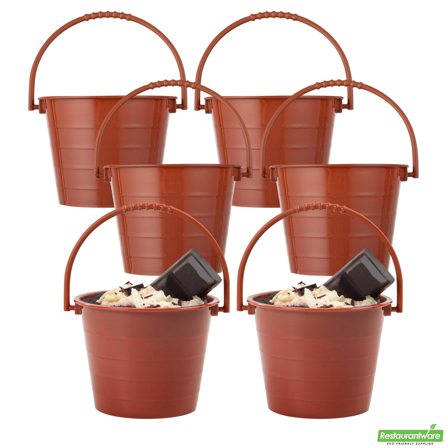 Wholesale Restaurantware Mini Serve 2 Oz Round Brown Plastic Dessert Bucket Cup - with Lid - 3 1/4'' X 3 1/4'' X 2 1/4'' - 25 Count Box- Bulk