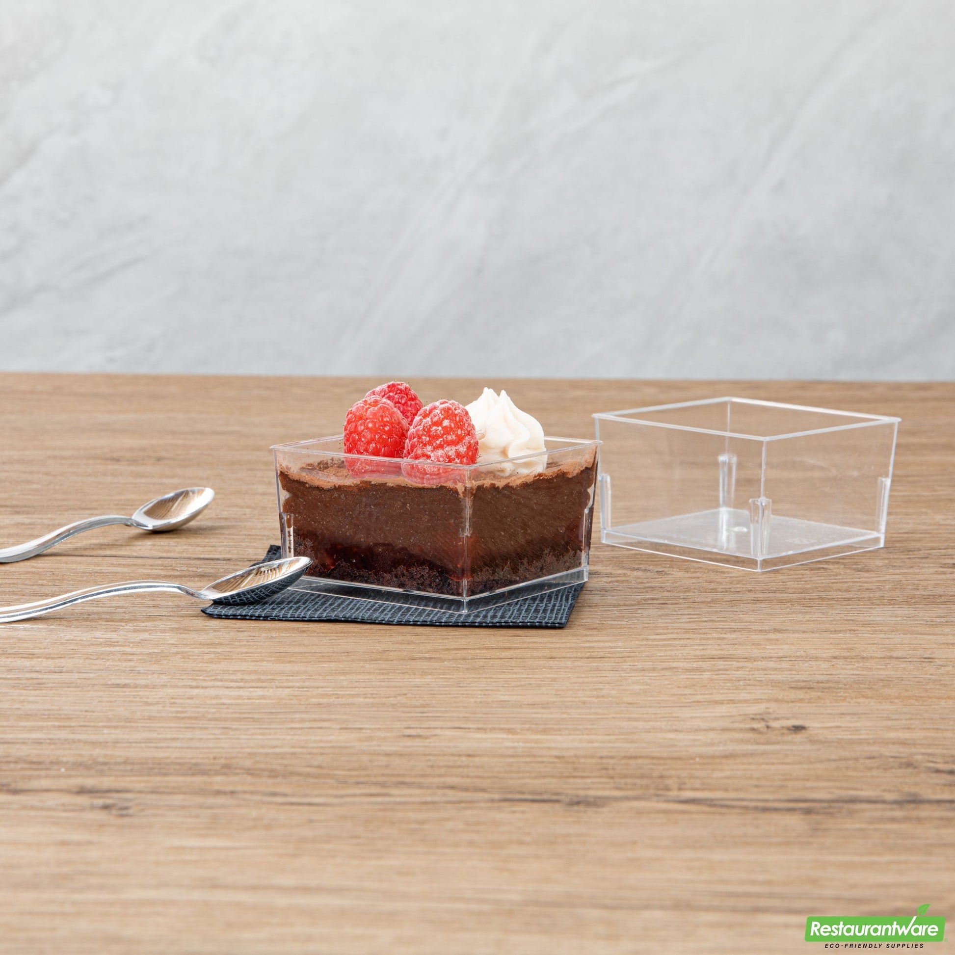 Wholesale Restaurantware Mini Serve 5 Oz Square Clear Plastic Dessert Cup - 2 3/4'' X 2 3/4'' X 1 3/4'' - 100 Count Box- Bulk