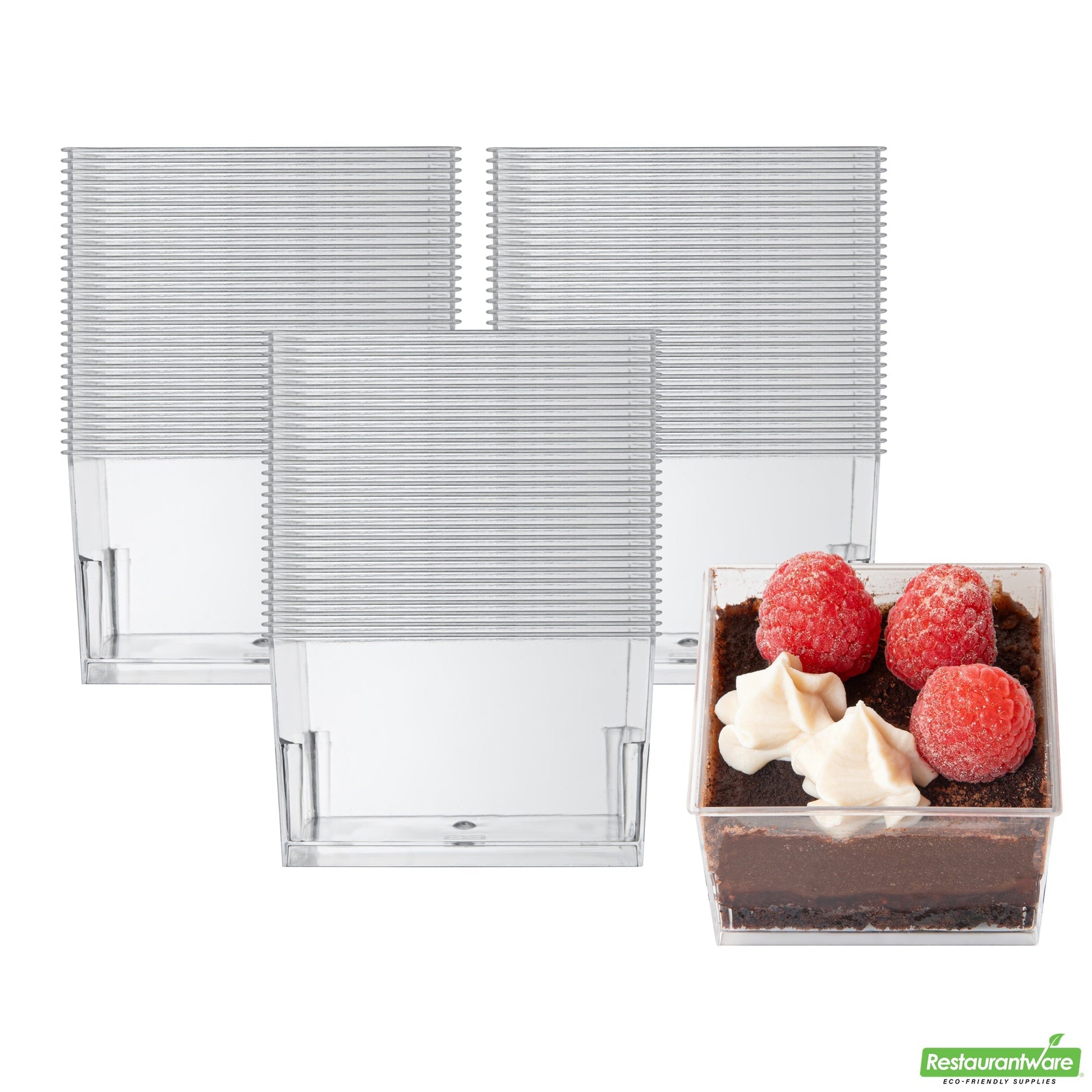 Wholesale Restaurantware Mini Serve 5 Oz Square Clear Plastic Dessert Cup - 2 3/4'' X 2 3/4'' X 1 3/4'' - 100 Count Box- Bulk