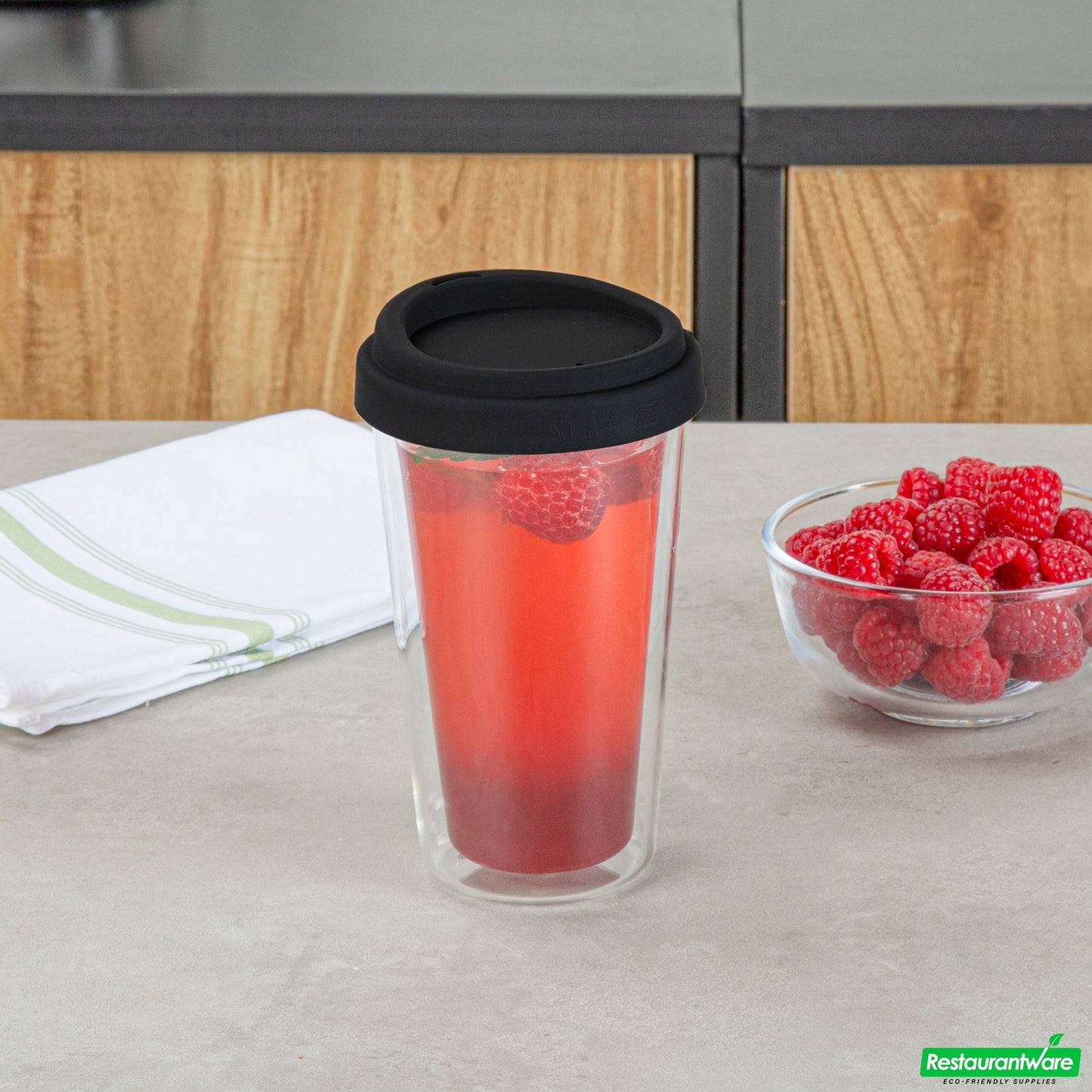 Wholesale Restaurantware Forma 14 Oz Glass Travel Mug - Double Wall, Borosilicate, with Black Lid - 10 Count Box- Bulk