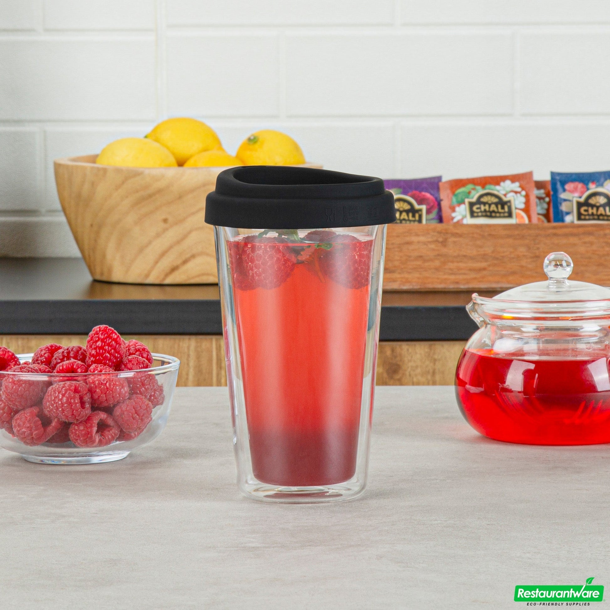 Wholesale Restaurantware Forma 14 Oz Glass Travel Mug - Double Wall, Borosilicate, with Black Lid - 10 Count Box- Bulk