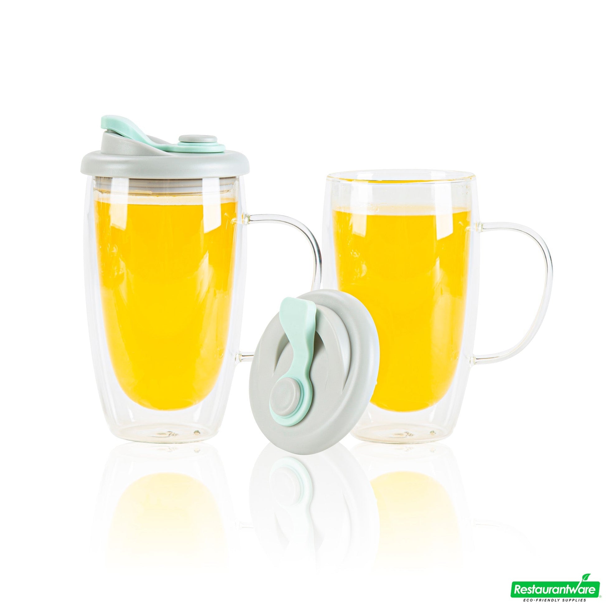 Wholesale Restaurantware Forma 15 Oz Glass Travel Mug - Double Wall, Borosilicate, with Handle and Gray and Green Lid - 10 Count Box- Bulk