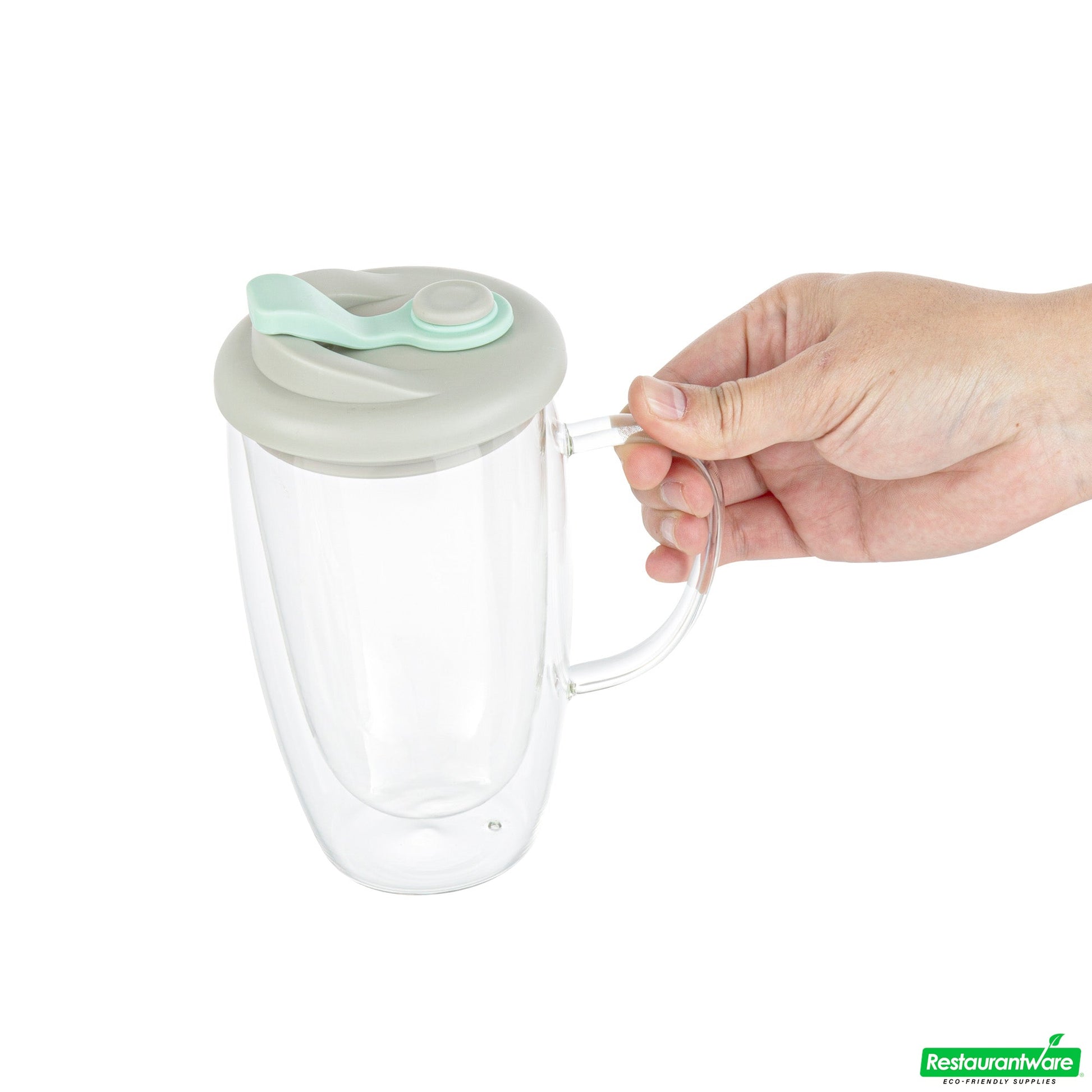 Wholesale Restaurantware Forma 15 Oz Glass Travel Mug - Double Wall, Borosilicate, with Handle and Gray and Green Lid - 10 Count Box- Bulk