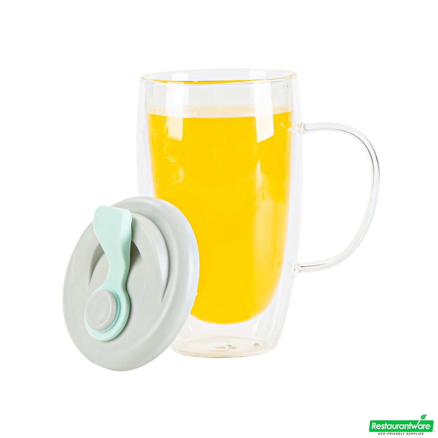 Wholesale Restaurantware Forma 15 Oz Glass Travel Mug - Double Wall, Borosilicate, with Handle and Gray and Green Lid - 10 Count Box- Bulk