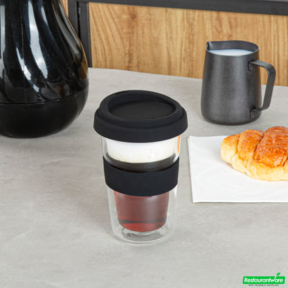 Wholesale Restaurantware Forma 14 Oz Glass Travel Mug - Double Wall, Borosilicate, with Black Lid and Sleeve - 10 Count Box- Bulk