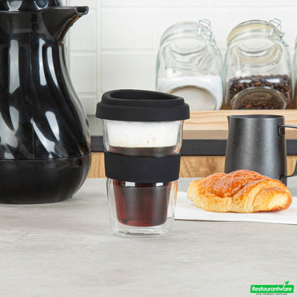 Wholesale Restaurantware Forma 14 Oz Glass Travel Mug - Double Wall, Borosilicate, with Black Lid and Sleeve - 10 Count Box- Bulk