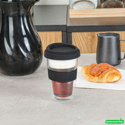 Wholesale Restaurantware Forma 14 Oz Glass Travel Mug - Double Wall, Borosilicate, with Black Lid and Sleeve - 10 Count Box- Bulk
