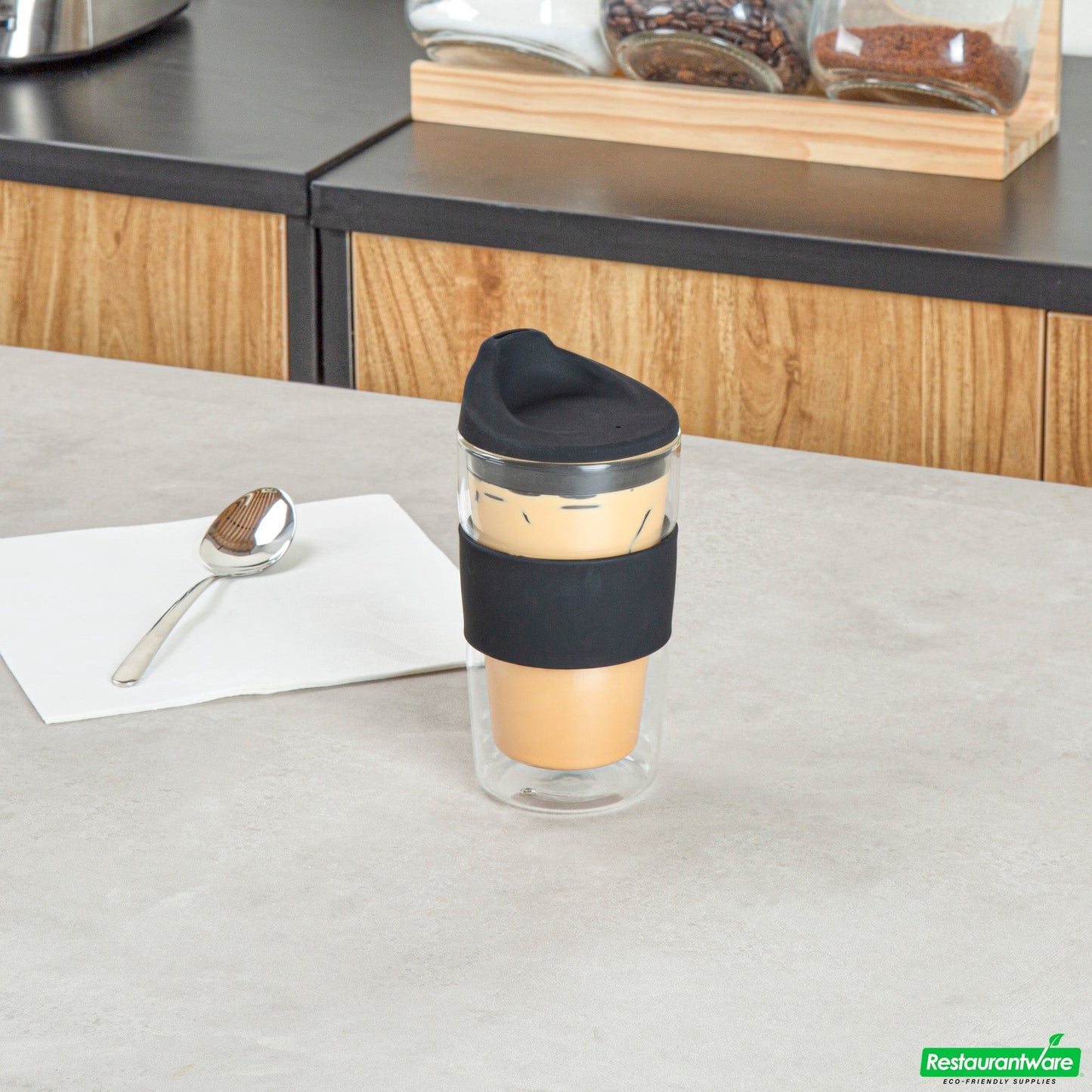 Wholesale Restaurantware Forma 12 Oz Glass Travel Mug - Double Wall, Borosilicate, with Black Lid and Sleeve - 10 Count Box- Bulk