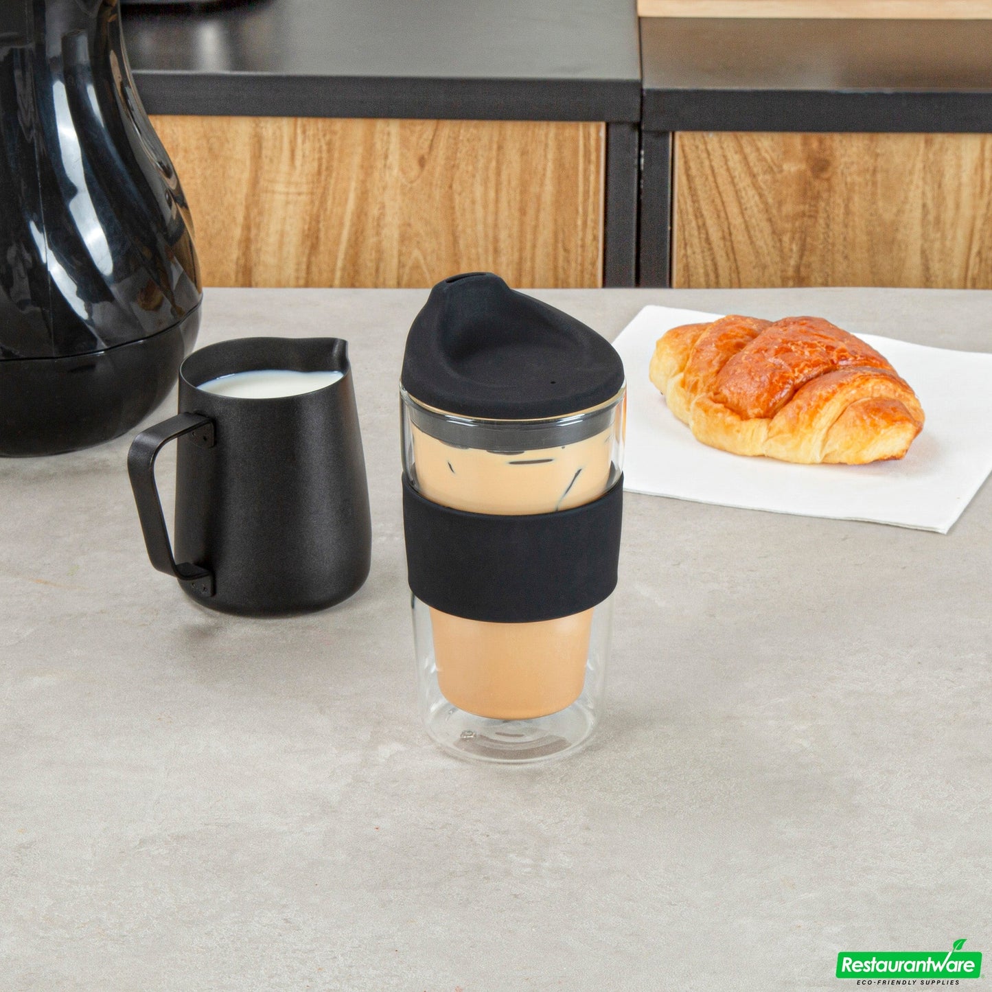 Wholesale Restaurantware Forma 12 Oz Glass Travel Mug - Double Wall, Borosilicate, with Black Lid and Sleeve - 10 Count Box- Bulk