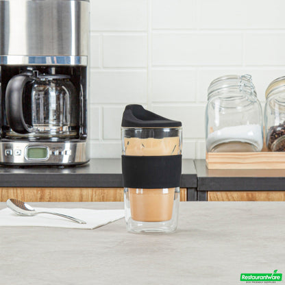Wholesale Restaurantware Forma 12 Oz Glass Travel Mug - Double Wall, Borosilicate, with Black Lid and Sleeve - 10 Count Box- Bulk
