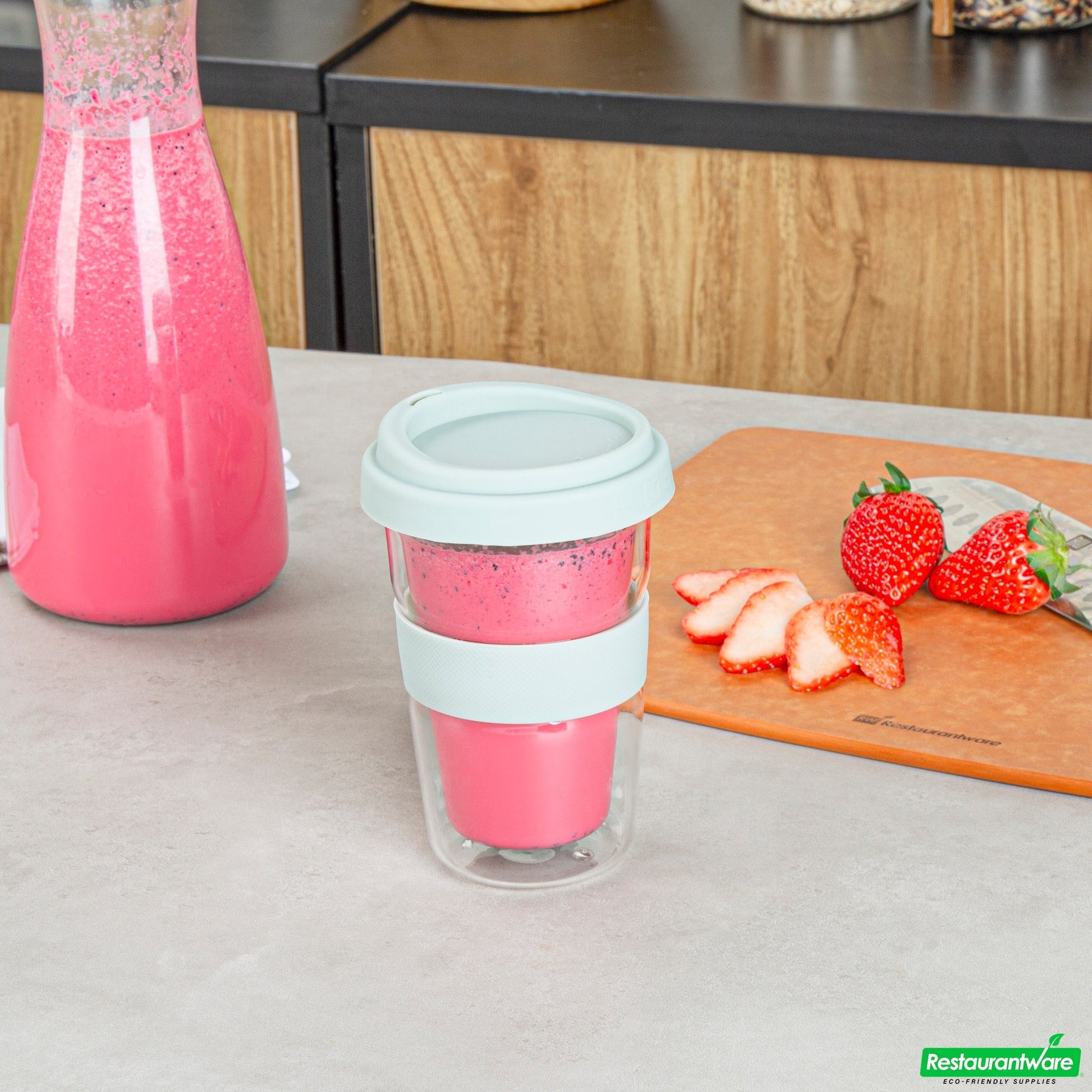 Wholesale Restaurantware Forma 14 Oz Glass Travel Mug - Double Wall, Borosilicate, with Mint Green Lid and Sleeve - 10 Count Box- Bulk