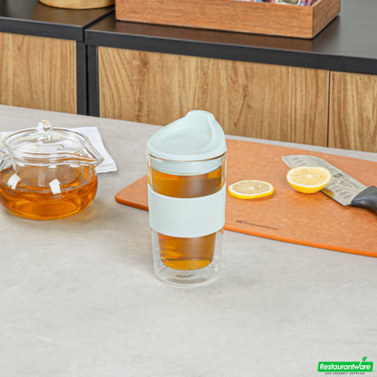 Wholesale Restaurantware Forma 12 Oz Glass Travel Mug - Double Wall, Borosilicate, with Mint Green Lid and Sleeve - 10 Count Box- Bulk