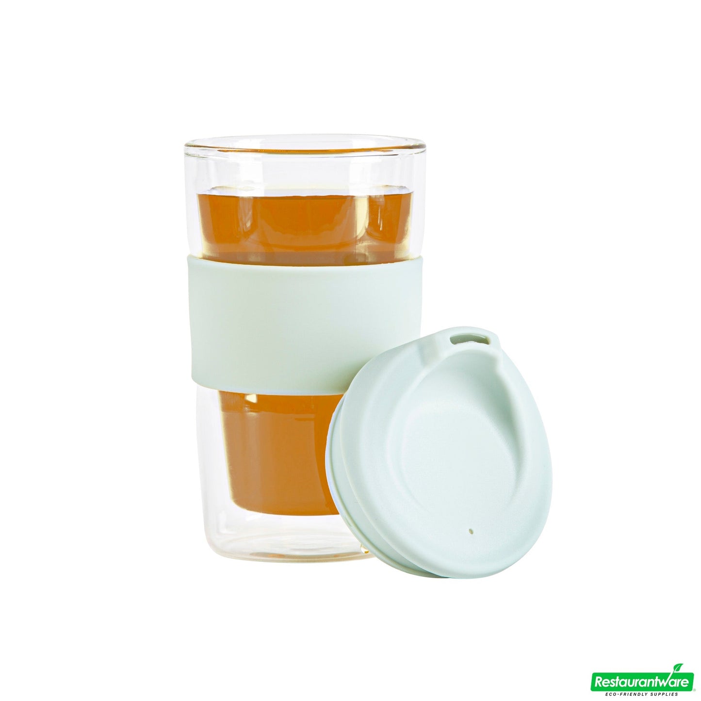 Wholesale Restaurantware Forma 12 Oz Glass Travel Mug - Double Wall, Borosilicate, with Mint Green Lid and Sleeve - 10 Count Box- Bulk