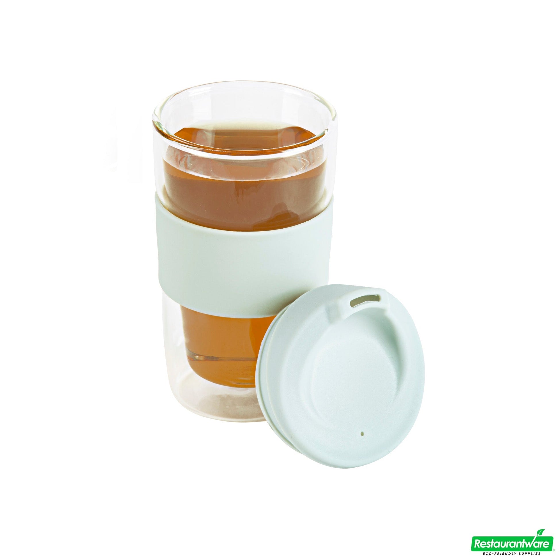 Wholesale Restaurantware Forma 12 Oz Glass Travel Mug - Double Wall, Borosilicate, with Mint Green Lid and Sleeve - 10 Count Box- Bulk