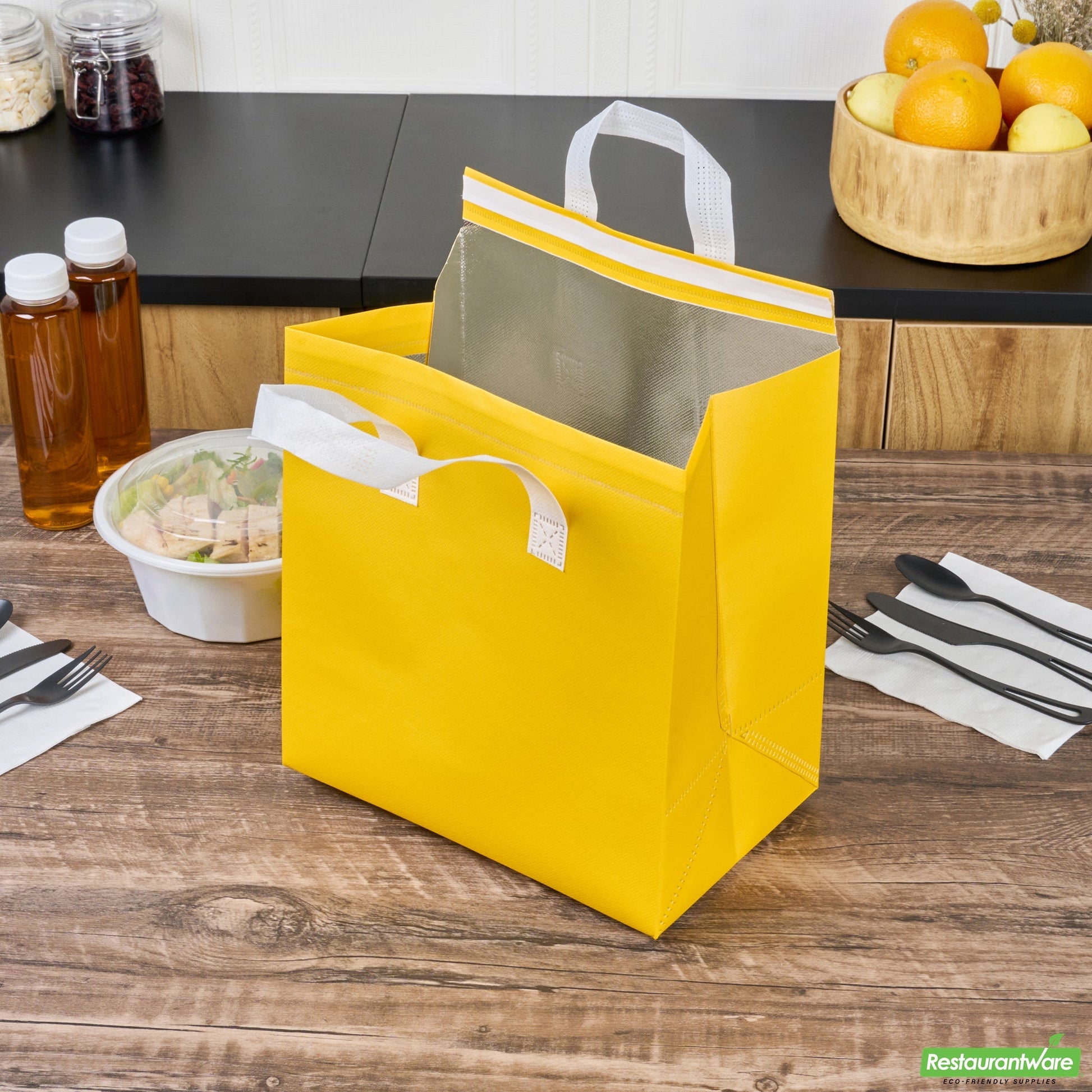 Wholesale Restaurantware Bag Tek Yellow Insulated Take Out Bag - Tamper-Evident - 10 1/4 X 6 3/4 X 11 - 25 Count Box- Bulk