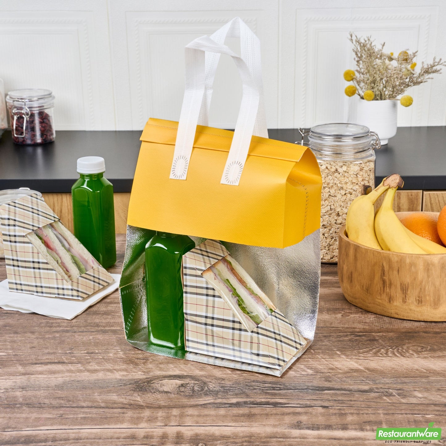 Wholesale Restaurantware Bag Tek Yellow Insulated Take Out Bag - Tamper-Evident - 8 1/4 X 4 1/4 X 10 3/4 - 100 Count Box- Bulk