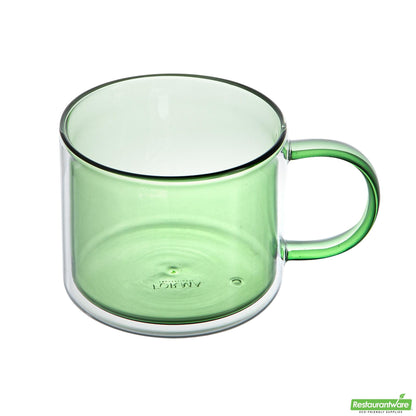Wholesale Restaurantware 12 Oz Green Glass Coffee Mug - Double Wall, Borosilicate, with Handle - 3.5" X 3.5" X 3"- Bulk