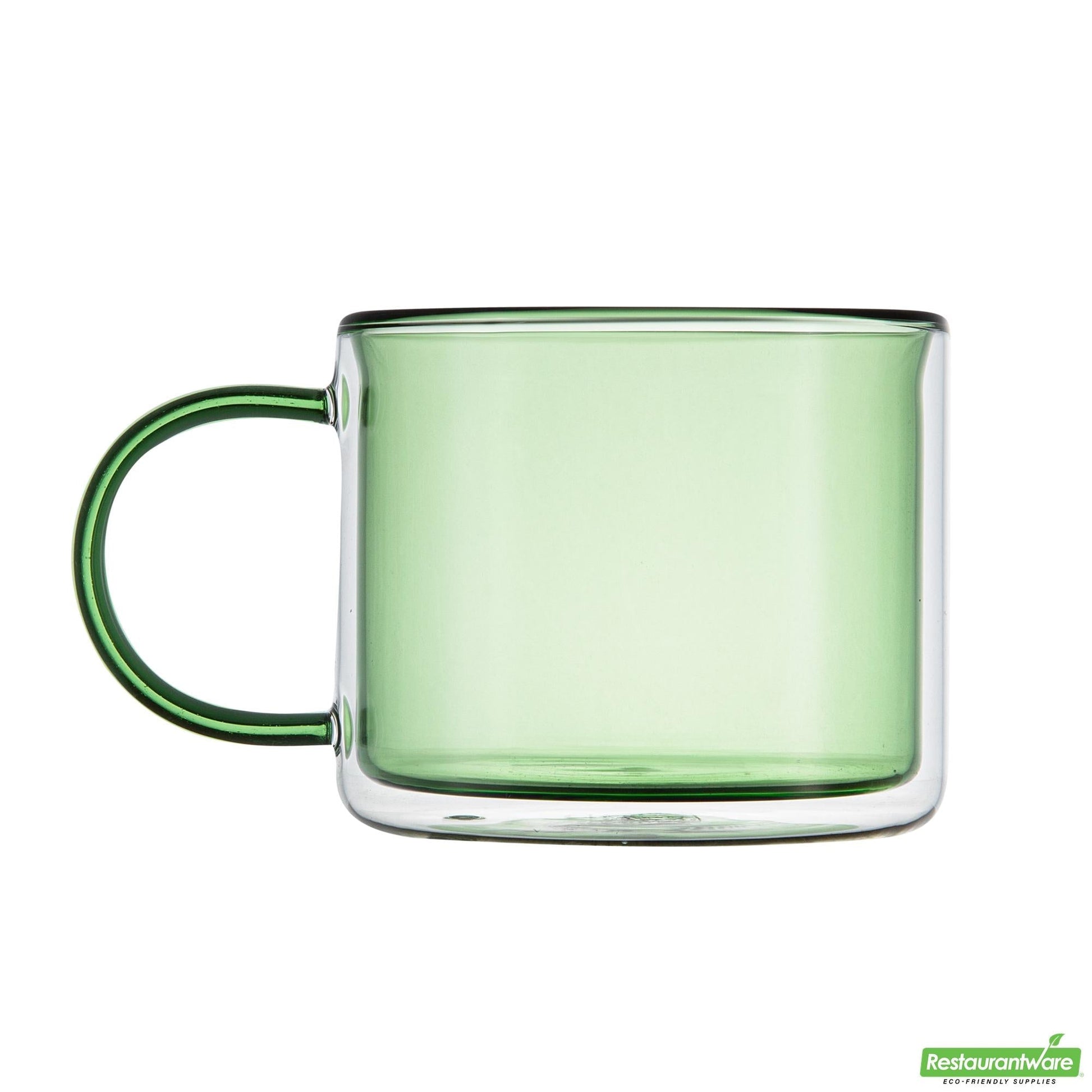 Wholesale Restaurantware 12 Oz Green Glass Coffee Mug - Double Wall, Borosilicate, with Handle - 3.5" X 3.5" X 3"- Bulk