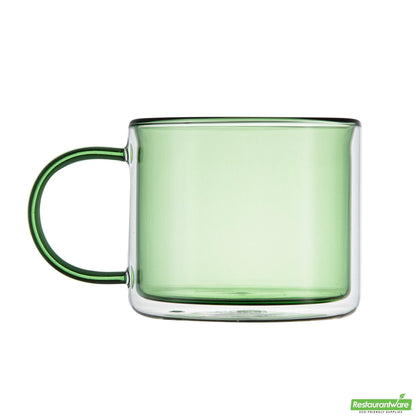 Wholesale Restaurantware 12 Oz Green Glass Coffee Mug - Double Wall, Borosilicate, with Handle - 3.5" X 3.5" X 3"- Bulk