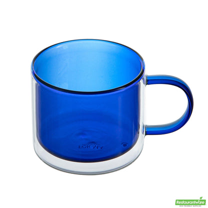 Wholesale Restaurantware 12 Oz Blue Glass Coffee Mug - Double Wall, Borosilicate, with Handle - 3.5" X 3.5" X 3"- Bulk