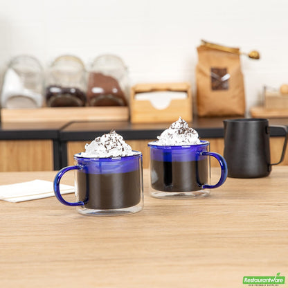 Wholesale Restaurantware 12 Oz Blue Glass Coffee Mug - Double Wall, Borosilicate, with Handle - 3.5" X 3.5" X 3"- Bulk