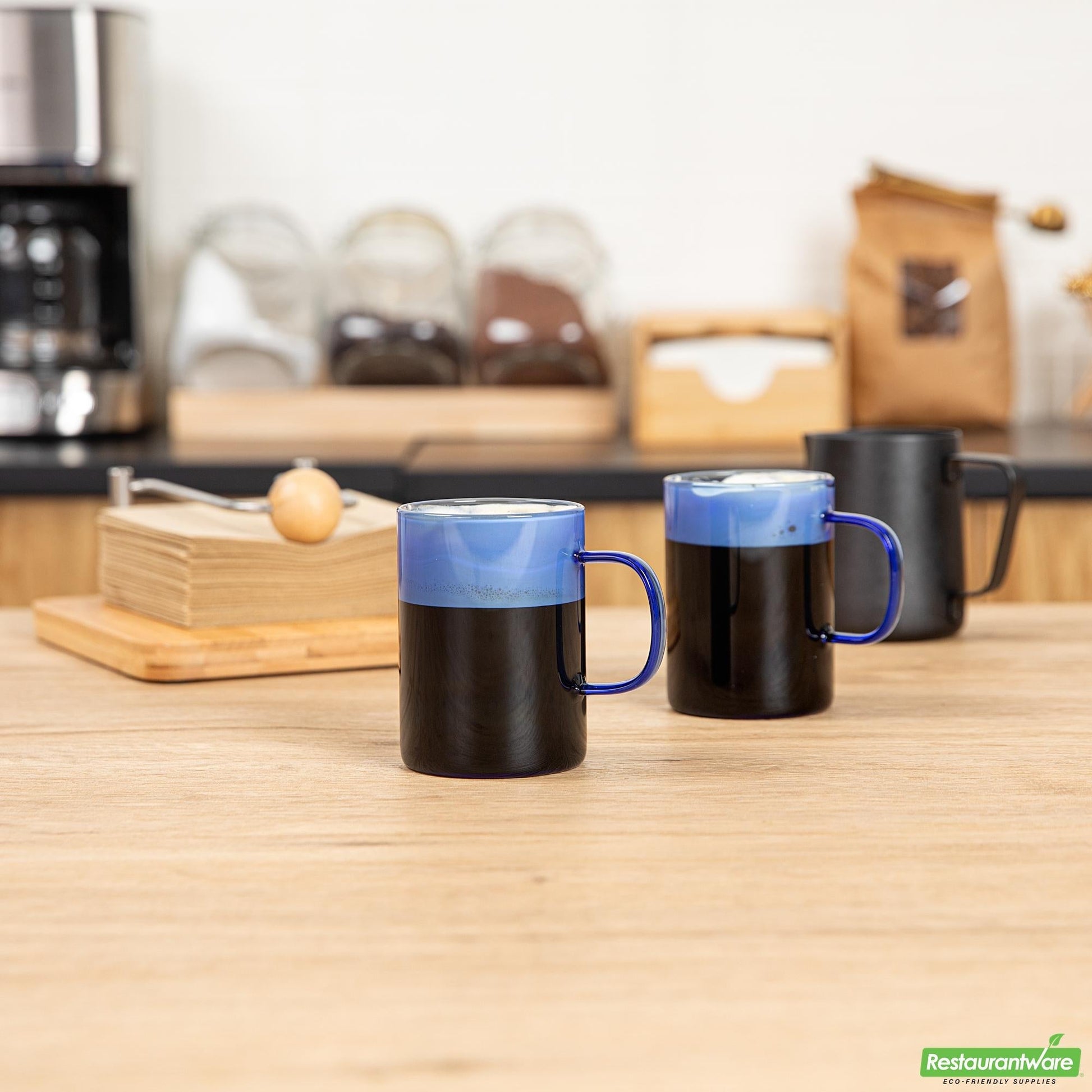 Wholesale Restaurantware 7 Oz Blue Glass Coffee Mug - Borosilicate, with Handle - 2.6" X 2.6" X 3.5"- Bulk