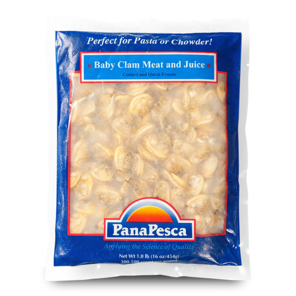 Wholesale Panapesca Baby Clam Meat & Juice (Vac-Pack) | 1lb (300-500ct)- Bulk