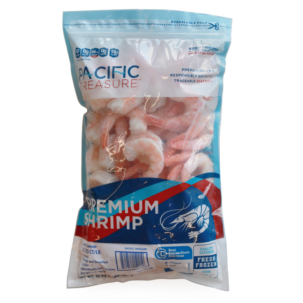 Wholesale Pacific Treasu Case Shrimp 21-25 Cooked Peeled & Deveined Tail On- Bulk