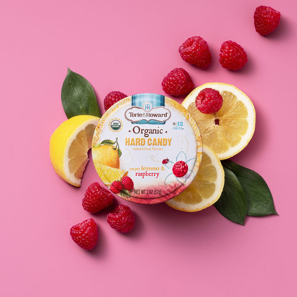 Wholesale Torie & Howard Meyer Lemon and Raspberry Organic Hard Candy Tins 2oz Tins- Bulk