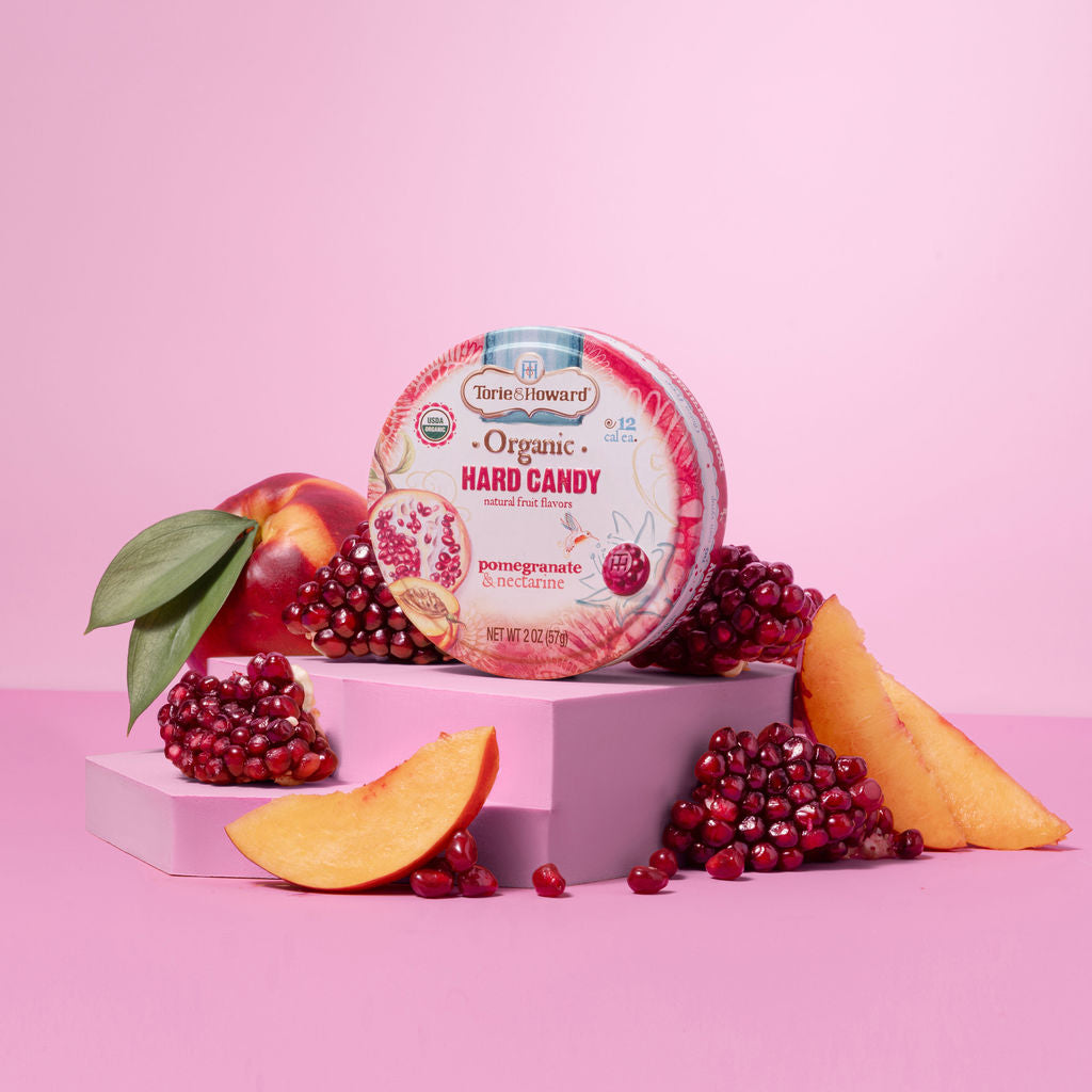 Wholesale Torie & Howard Pomegranate & Nectarine Organic Hard Candy Tins 2oz Tins- Bulk