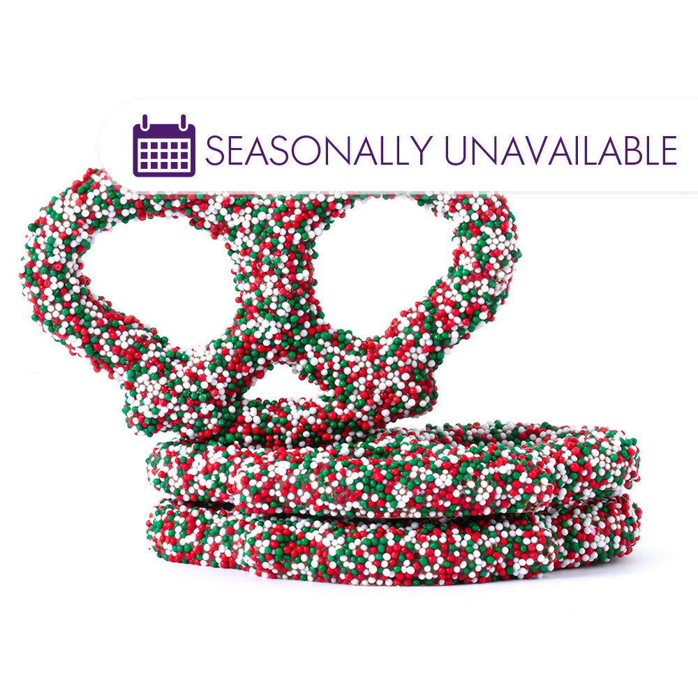 Wholesale BoxNCase Christmas Nonpareil Chocolatey Coated Pretzels- Bulk